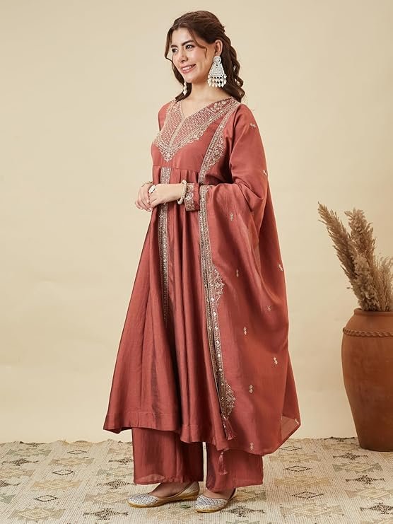 Rust Brown Embroidered Anarkali Kurta Palazzo Set for Women | Designer Festive Ethnic Wear - Image 2