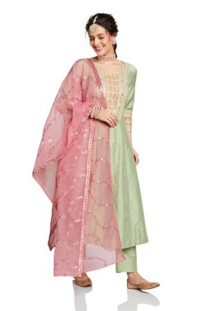 Pastel Green Kurta Pant Set for Women with Pink Embroidered Dupatta | Festive & Ethnic Wear