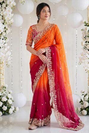 Orange Pink Ombre Embroidered Saree for Women | Designer Wedding & Party Wear Saree