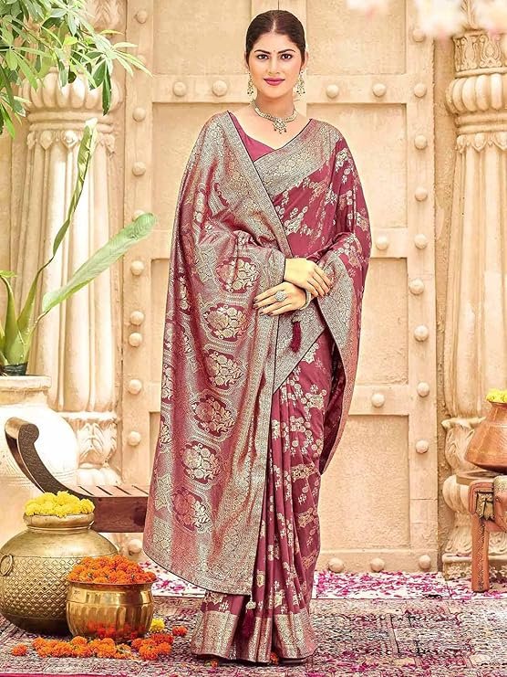 Wine Pink Banarasi Silk Saree with Rich Zari Weaving & Traditional Border | Wedding Wear Saree - Image 3