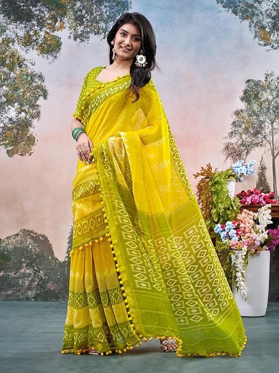 Yellow Green Printed Cotton Blend Saree with Tassel Border & Designer Blouse | Festive Traditional Wear - Image 2