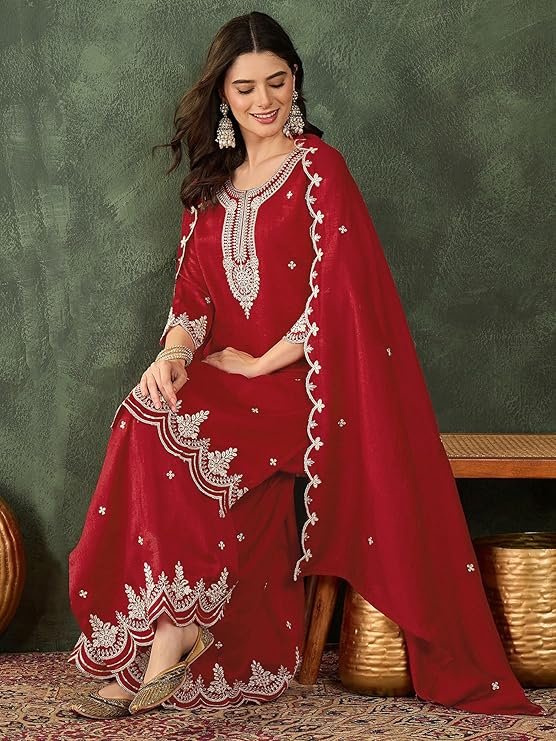 Red Embroidered Kurta Palazzo Set for Women with Dupatta | Designer Festive & Party Wear Ethnic Suit - Image 3