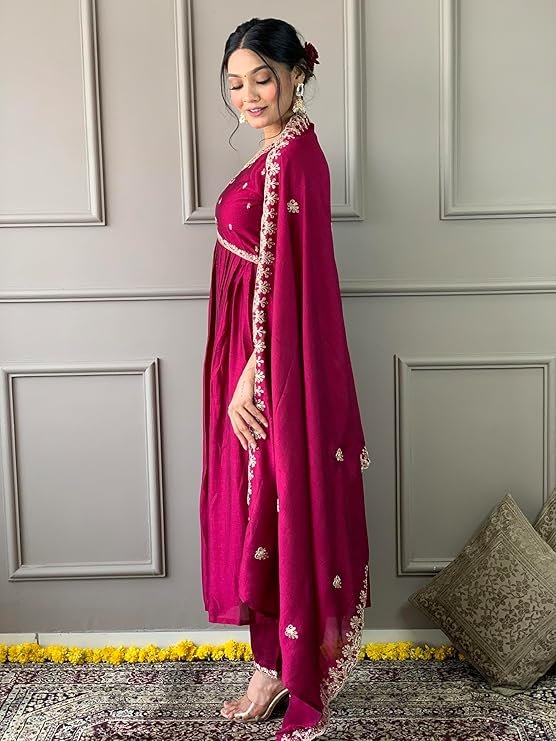 Magenta Pink Embroidered Kurta Pant Set for Women with Dupatta | Designer Festive Ethnic Wear - Image 3