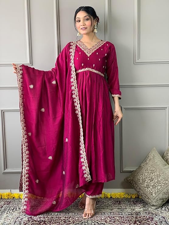 Magenta Pink Embroidered Kurta Pant Set for Women with Dupatta | Designer Festive Ethnic Wear - Image 2