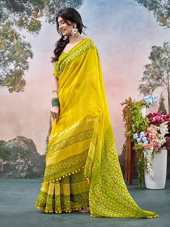 Yellow Green Printed Cotton Blend Saree with Tassel Border & Designer Blouse | Festive Traditional Wear - Image 3