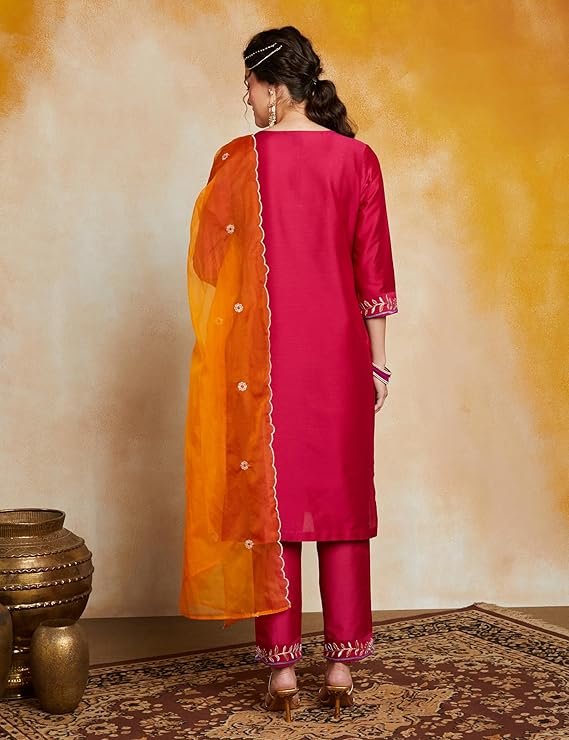 Magenta Pink Embroidered Kurta Pant Set with Orange Dupatta | Festive & Ethnic Wear - Image 4