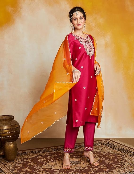 Magenta Pink Embroidered Kurta Pant Set with Orange Dupatta | Festive & Ethnic Wear - Image 3