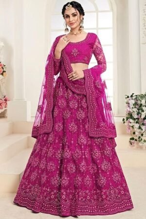 Magenta Pink Embroidered Lehenga Choli for Women | Designer Wedding Party Wear Lehenga with Net Dupatta