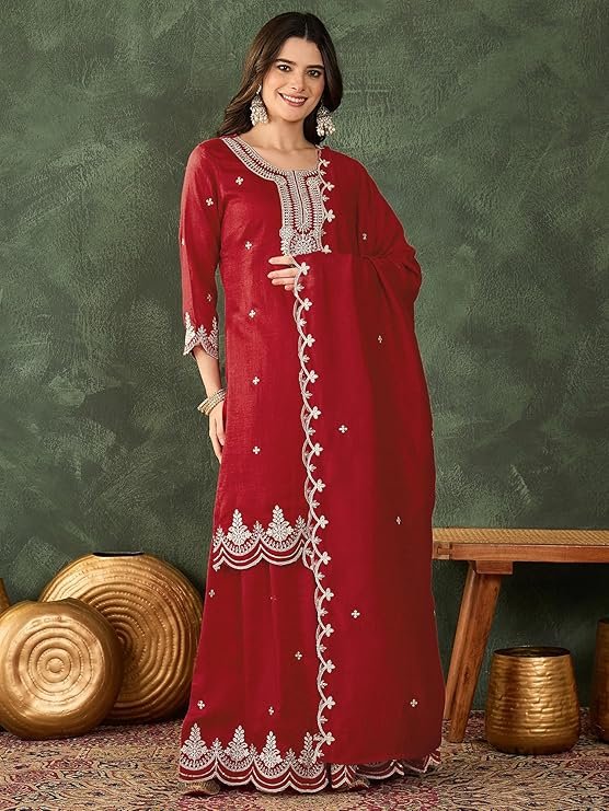 Red Embroidered Kurta Palazzo Set for Women with Dupatta | Designer Festive & Party Wear Ethnic Suit - Image 2