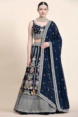 Navy Blue Embroidered Lehenga Choli with Dupatta | Designer Wedding & Bridal Party Wear Lehenga