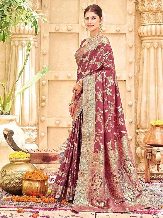 Wine Pink Banarasi Silk Saree with Rich Zari Weaving & Traditional Border | Wedding Wear Saree - Image 2