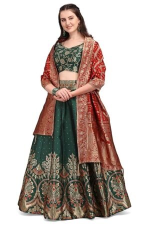 Dark Green Embroidered Lehenga Choli with Banarasi Dupatta | Designer Wedding & Festive Wear Lehenga