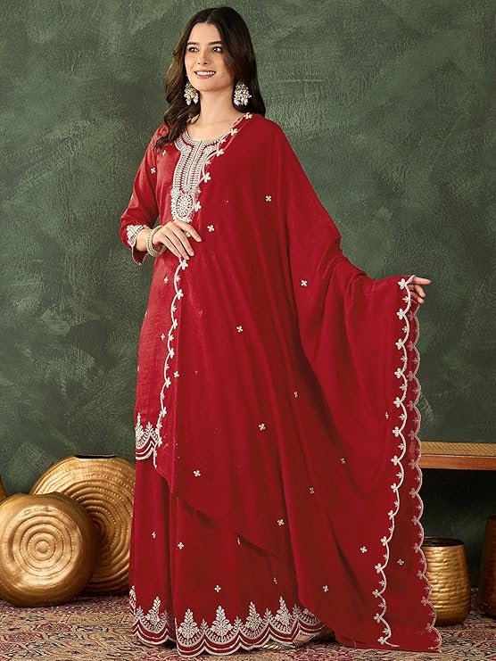 Red Embroidered Kurta Palazzo Set for Women with Dupatta | Designer Festive & Party Wear Ethnic Suit