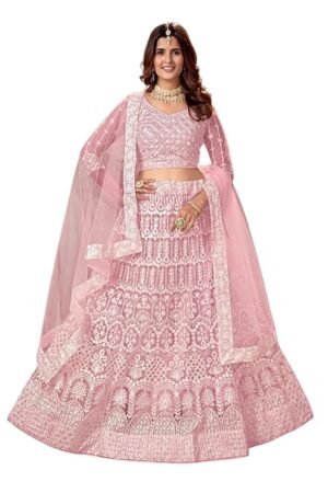 Baby Pink Embroidered Lehenga Choli for Women | Designer Wedding Party Wear Lehenga with Net Dupatta