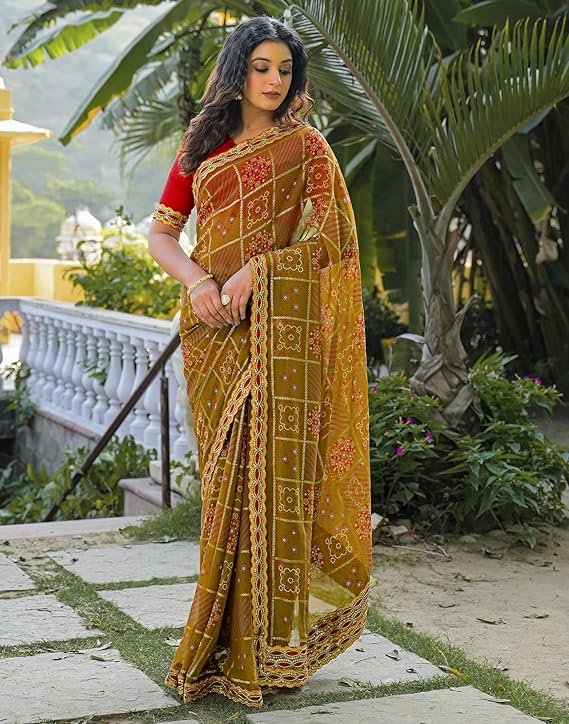 Mustard Yellow Bandhani Print Saree with Embroidered Border | Traditional Festive & Party Wear Saree - Image 2