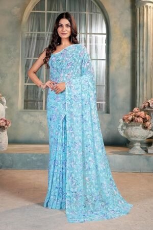 Sky Blue Floral Printed Saree for Women | Elegant Casual & Daily Wear Designer Saree