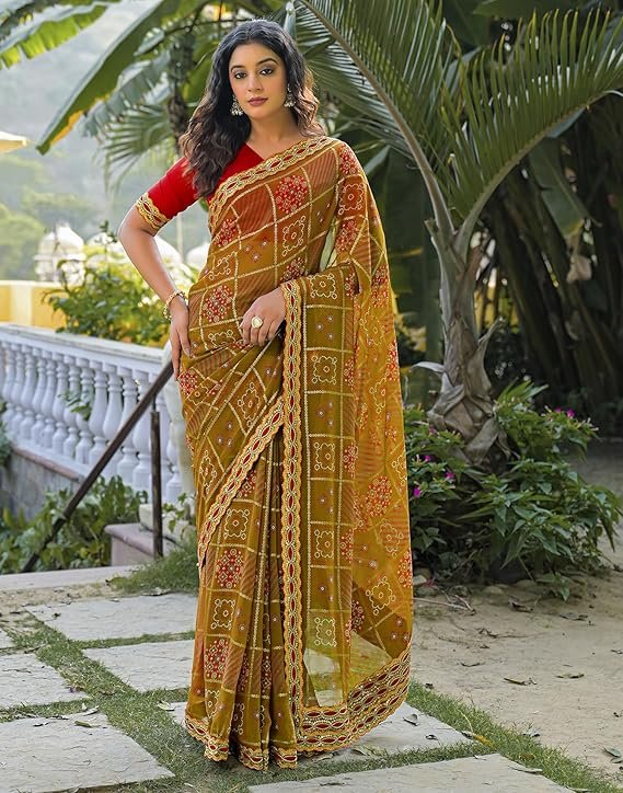 Mustard Yellow Bandhani Print Saree with Embroidered Border | Traditional Festive & Party Wear Saree