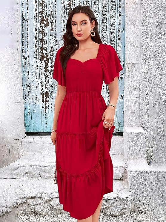 Red Tiered Midi Dress for Women | Stylish Casual Summer Dress with Flutter Sleeves - Image 2