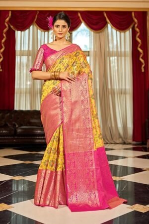 Yellow Floral Banarasi Silk Saree with Pink Zari Border | Traditional Wedding & Festive Wear Saree