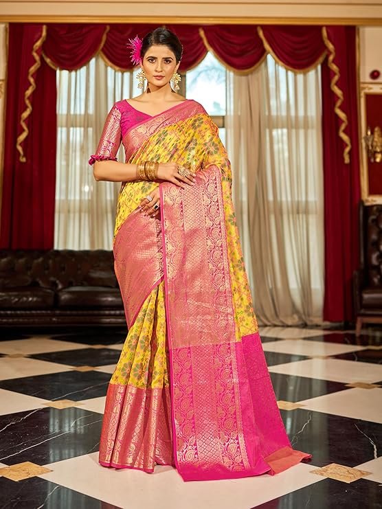 Yellow Floral Banarasi Silk Saree with Pink Zari Border | Traditional Wedding & Festive Wear Saree