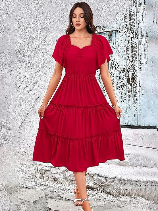 Red Tiered Midi Dress for Women | Stylish Casual Summer Dress with Flutter Sleeves - Image 4